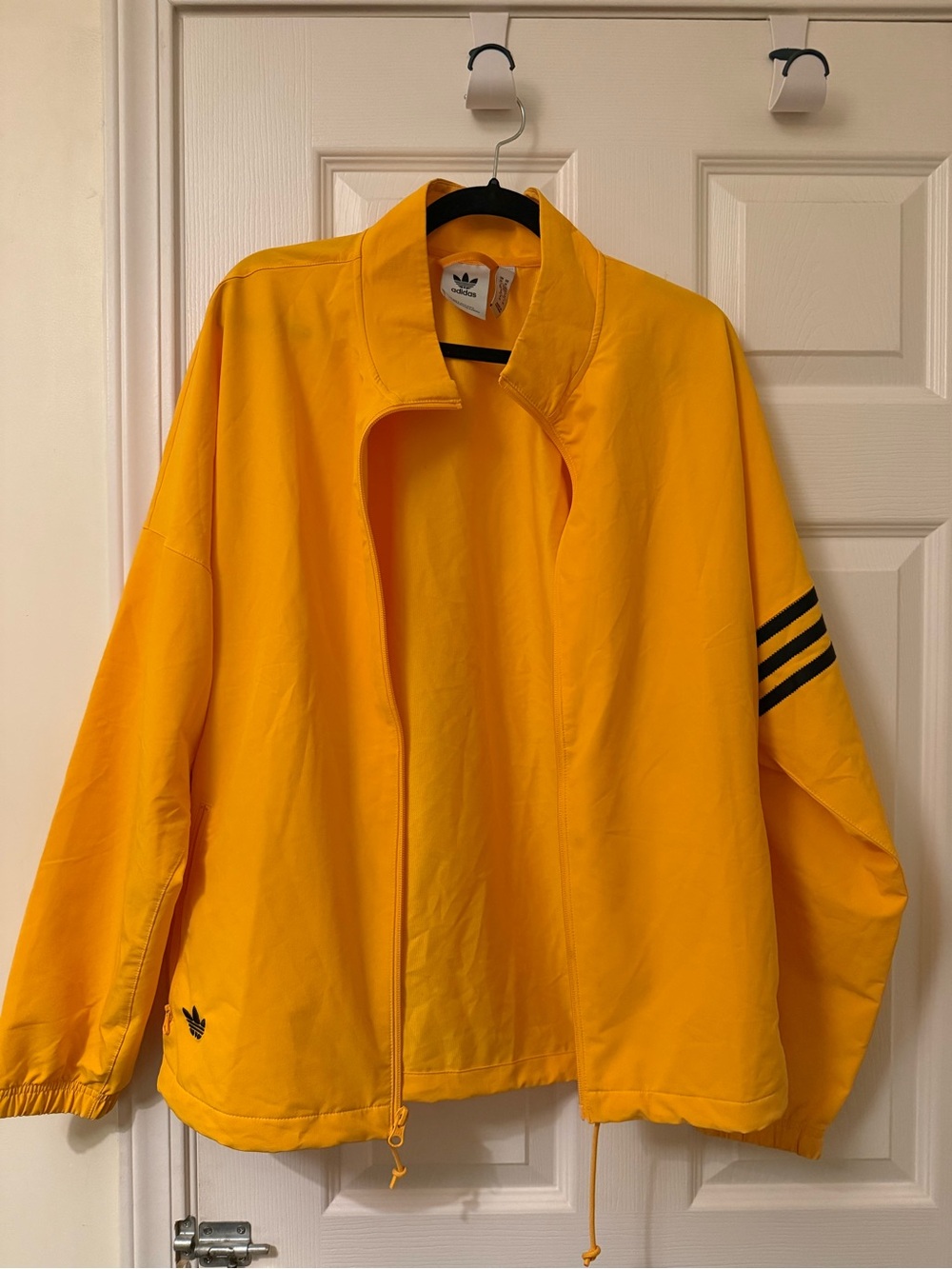 adidas Men's Bright Yellow Windbreaker with Black Sleeve Stripes